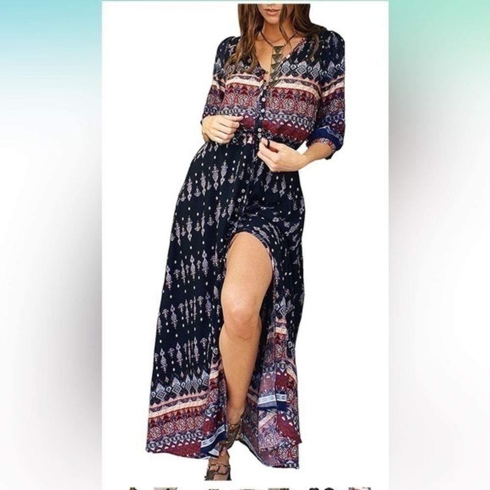 NEW R. Vivimos Navy Boho Button-Up Maxi Dress with Slit Size Large